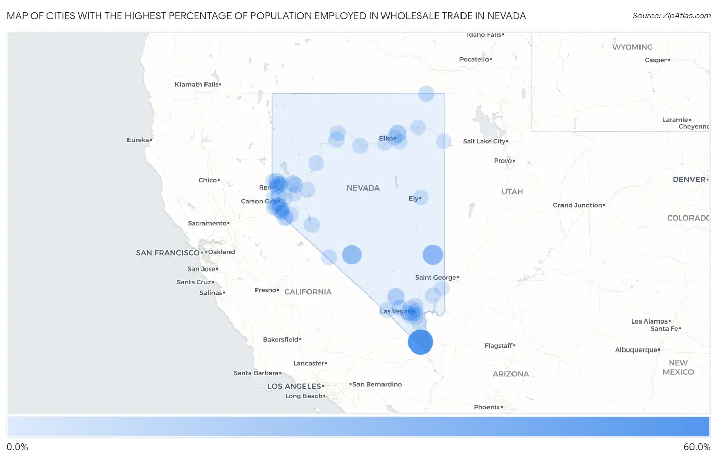 Cities with the Highest Percentage of Population Employed in Wholesale Trade in Nevada Map