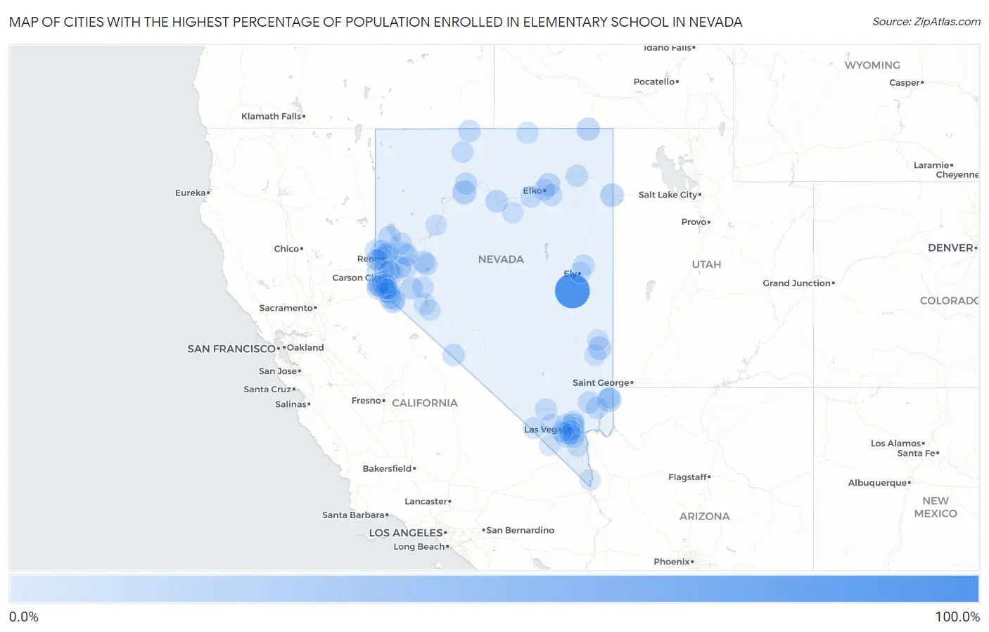 Cities with the Highest Percentage of Population Enrolled in Elementary School in Nevada Map