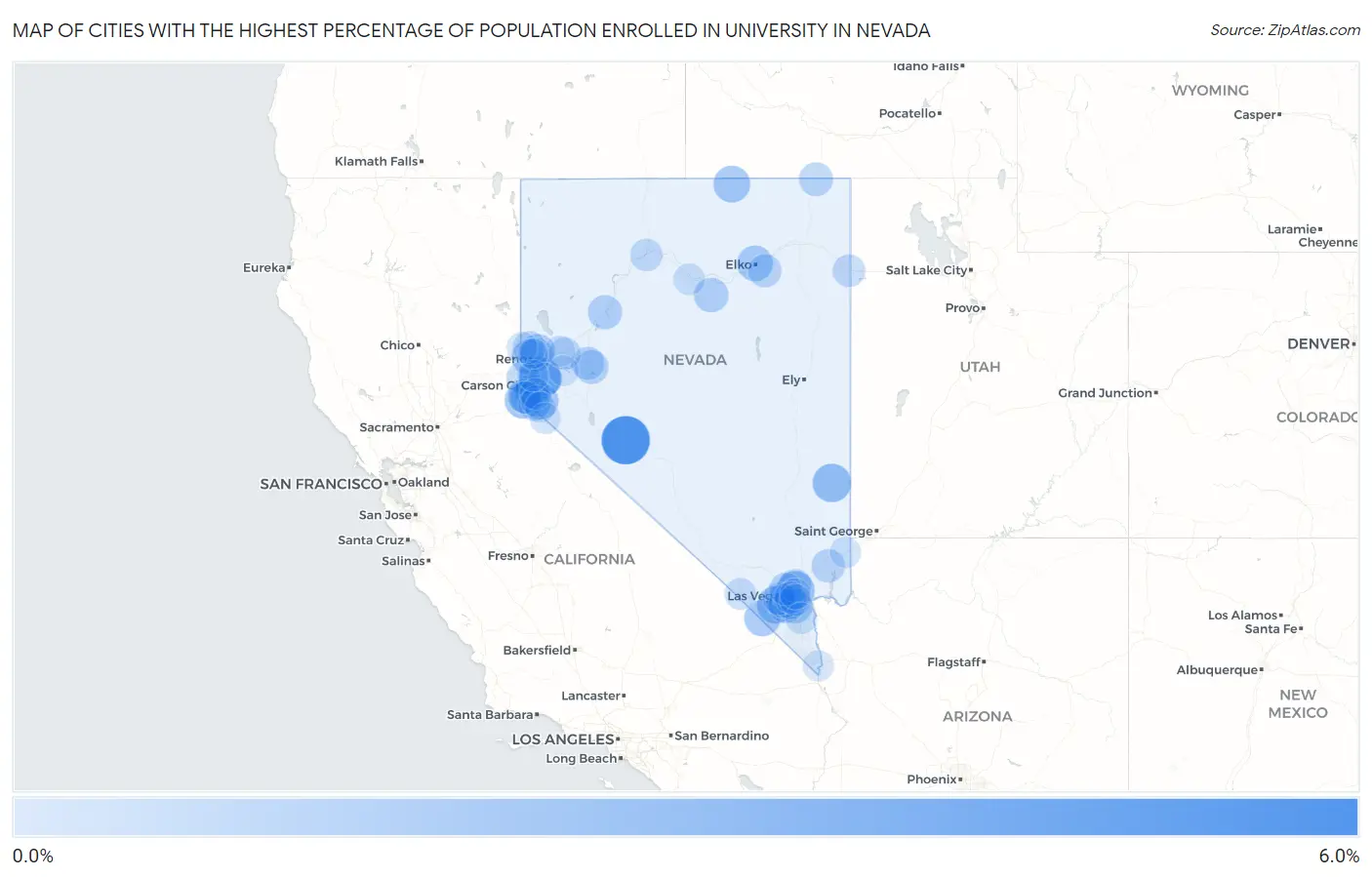 Cities with the Highest Percentage of Population Enrolled in University in Nevada Map