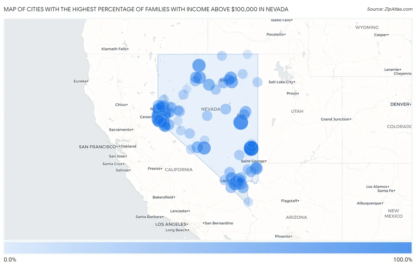 Cities with the Highest Percentage of Families with Income Above $100,000 in Nevada Map
