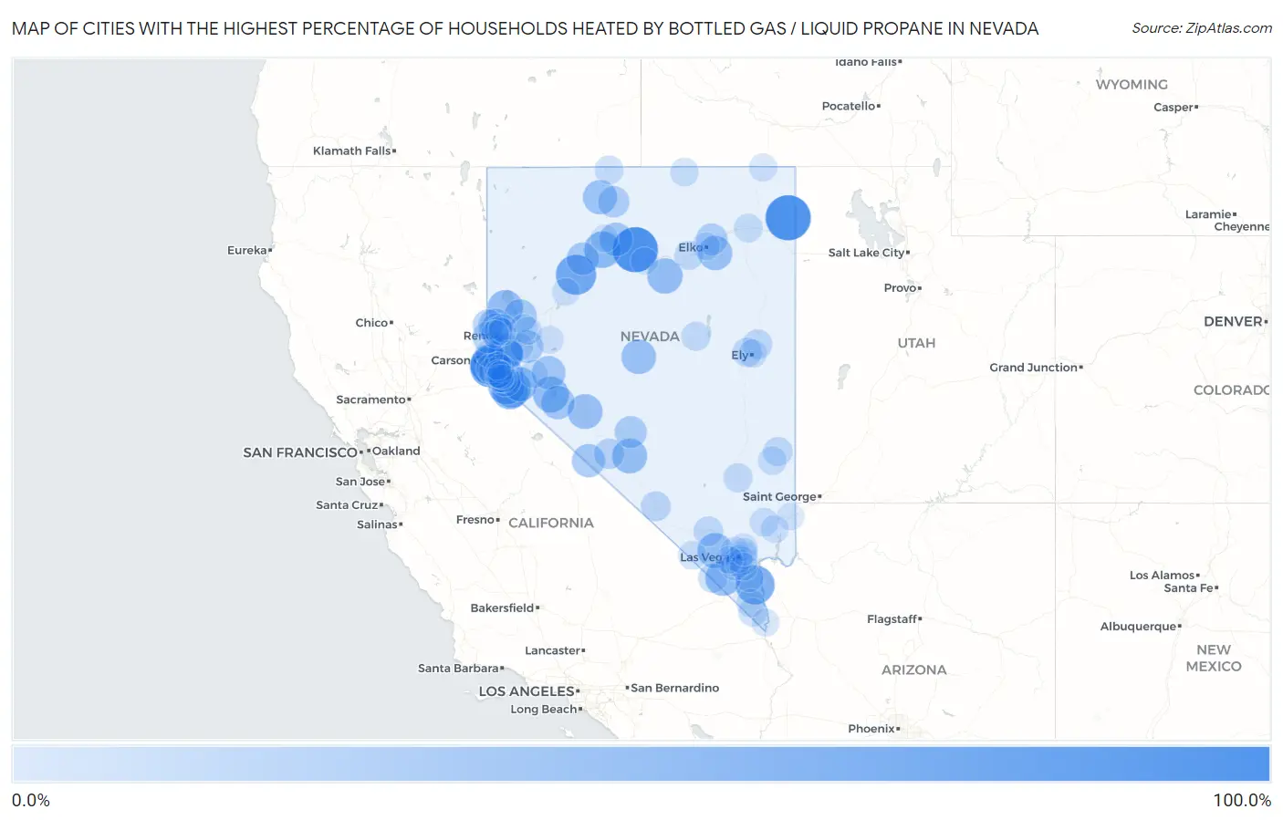 Cities with the Highest Percentage of Households Heated by Bottled Gas / Liquid Propane in Nevada Map