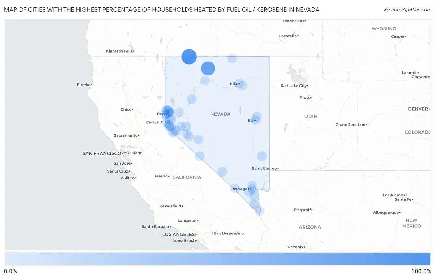 Cities with the Highest Percentage of Households Heated by Fuel Oil / Kerosene in Nevada Map