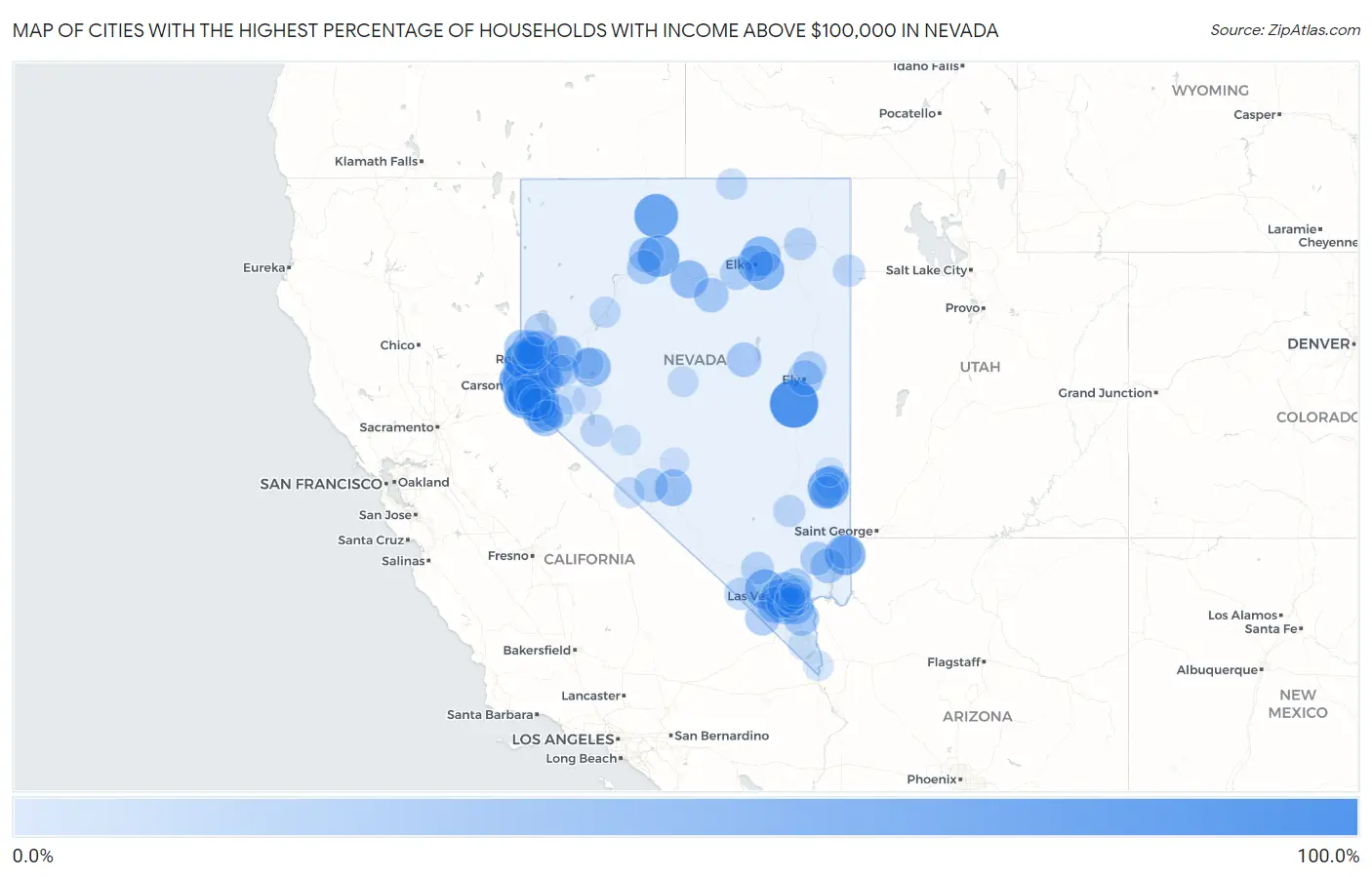 Cities with the Highest Percentage of Households with Income Above $100,000 in Nevada Map