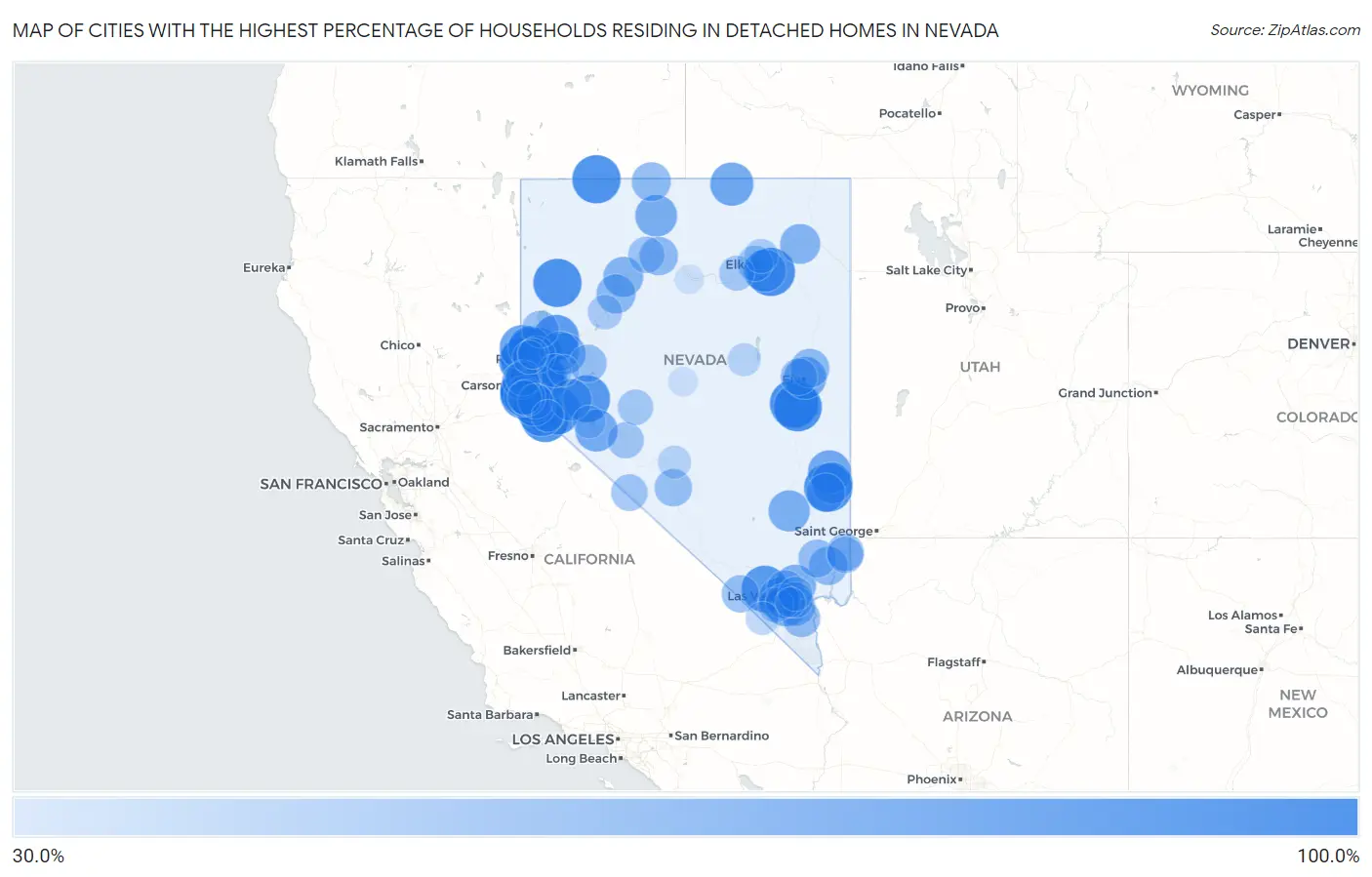 Cities with the Highest Percentage of Households Residing in Detached Homes in Nevada Map