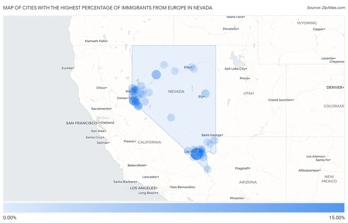 Cities with the Highest Percentage of Immigrants from Europe in Nevada Map