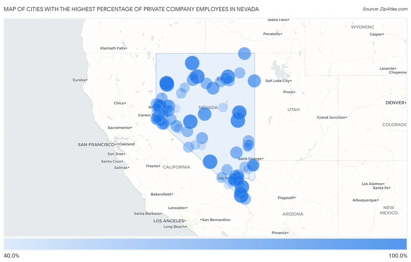 Cities with the Highest Percentage of Private Company Employees in Nevada Map