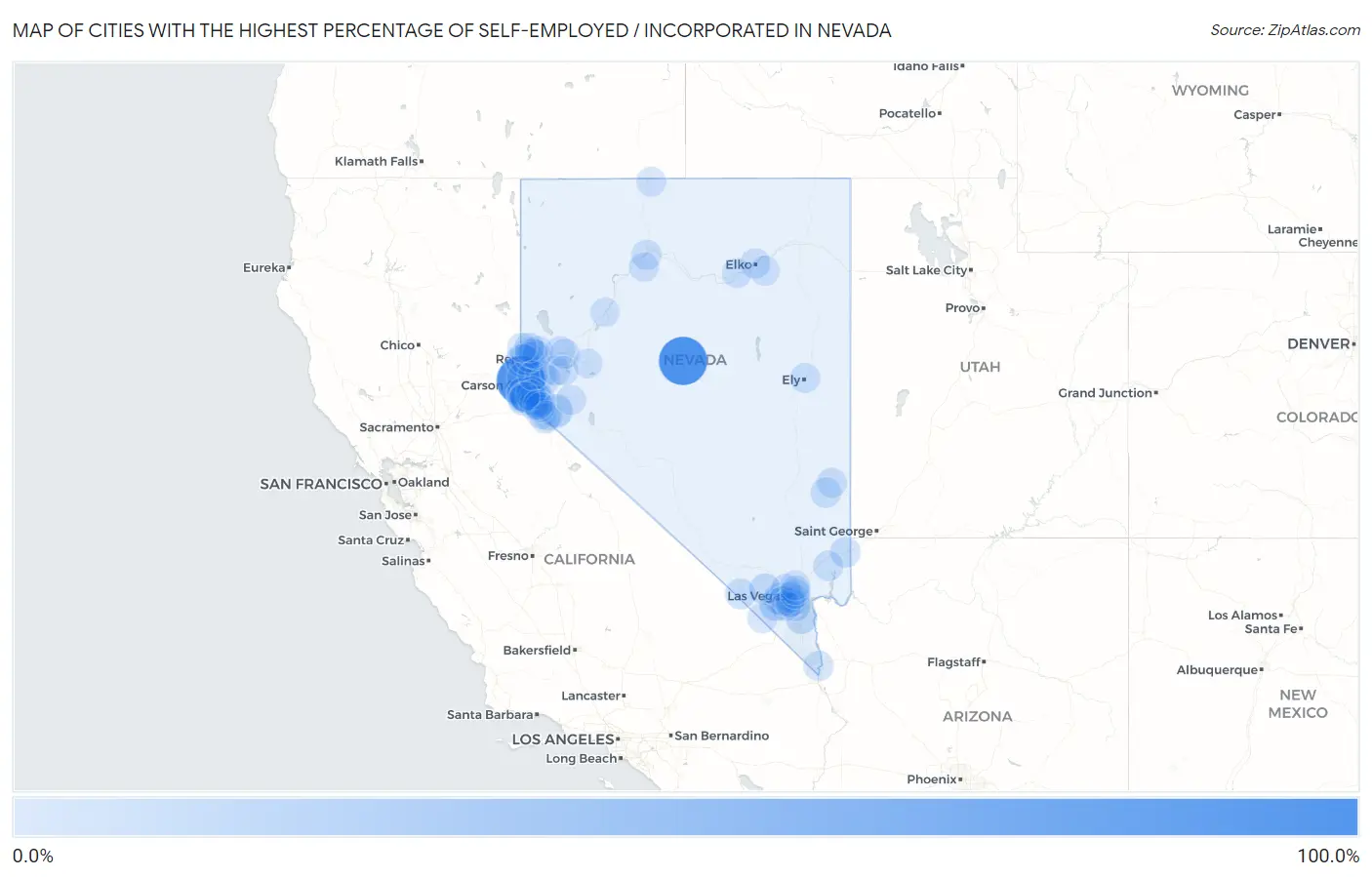Cities with the Highest Percentage of Self-Employed / Incorporated in Nevada Map
