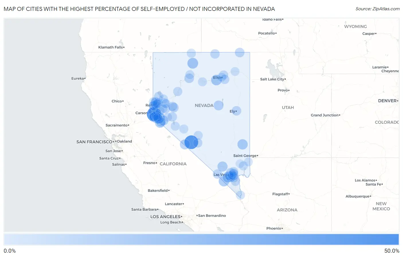 Cities with the Highest Percentage of Self-Employed / Not Incorporated in Nevada Map