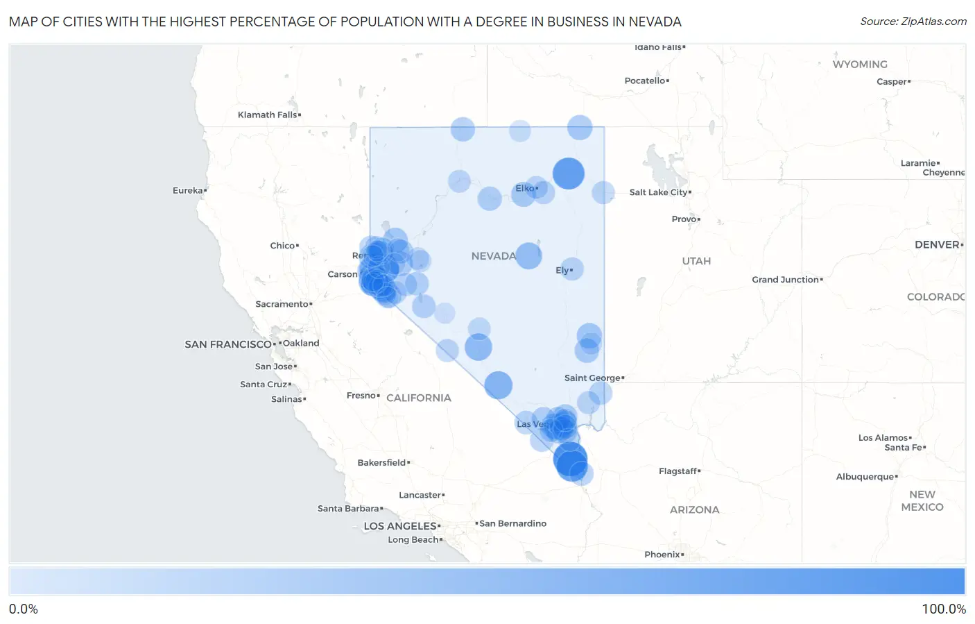 Cities with the Highest Percentage of Population with a Degree in Business in Nevada Map