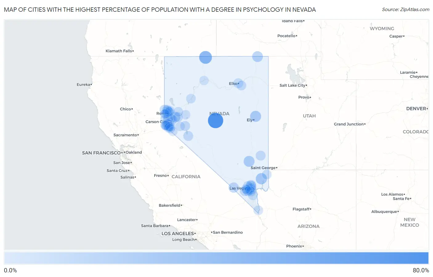 Cities with the Highest Percentage of Population with a Degree in Psychology in Nevada Map