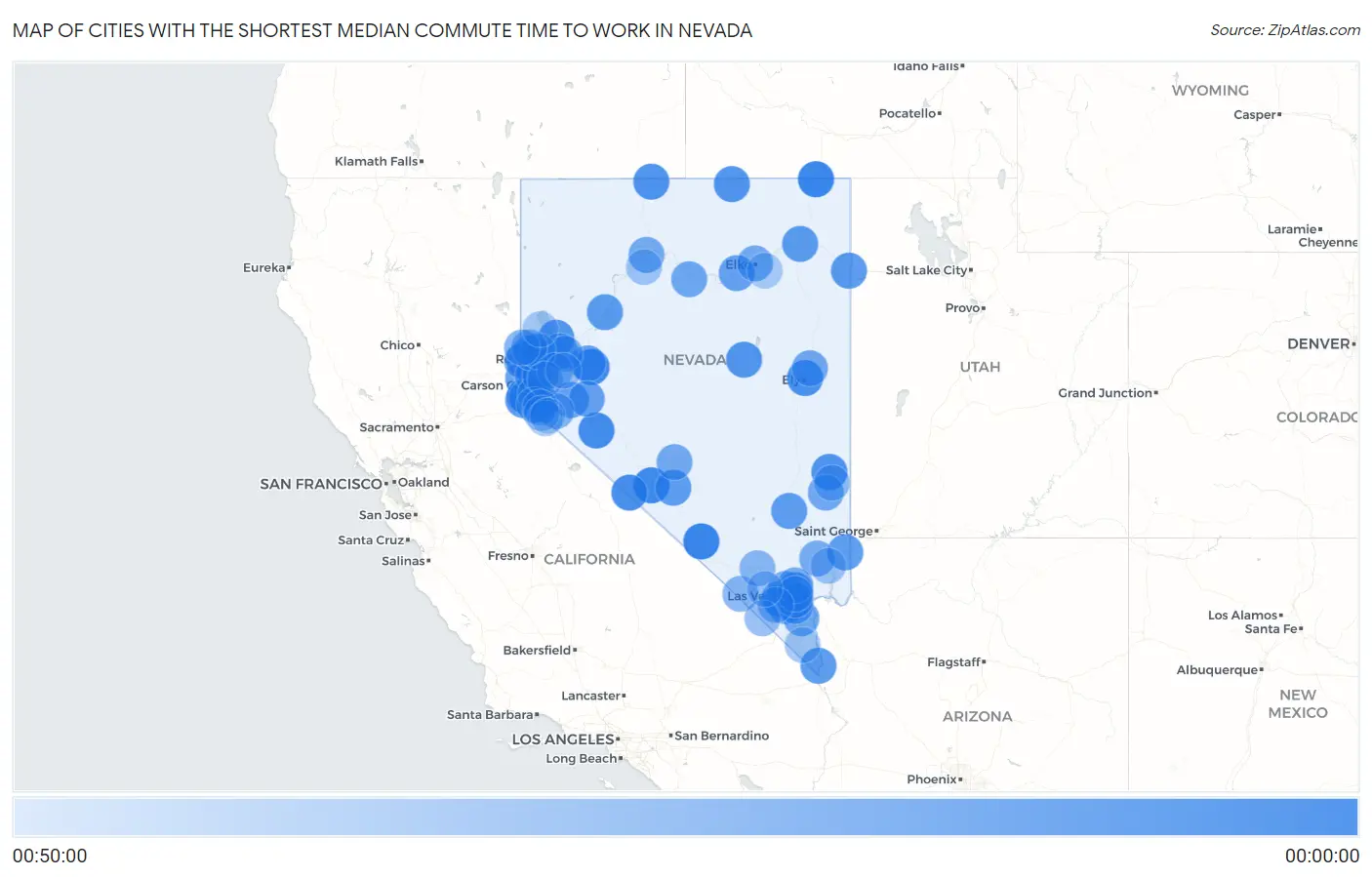 Cities with the Shortest Median Commute Time to Work in Nevada Map