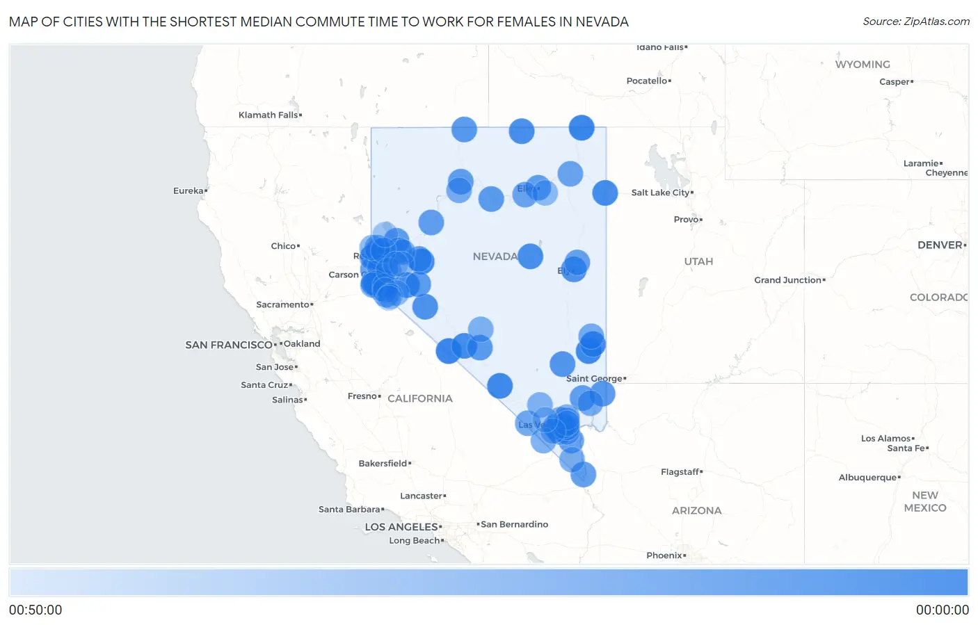 Cities with the Shortest Median Commute Time to Work for Females in Nevada Map