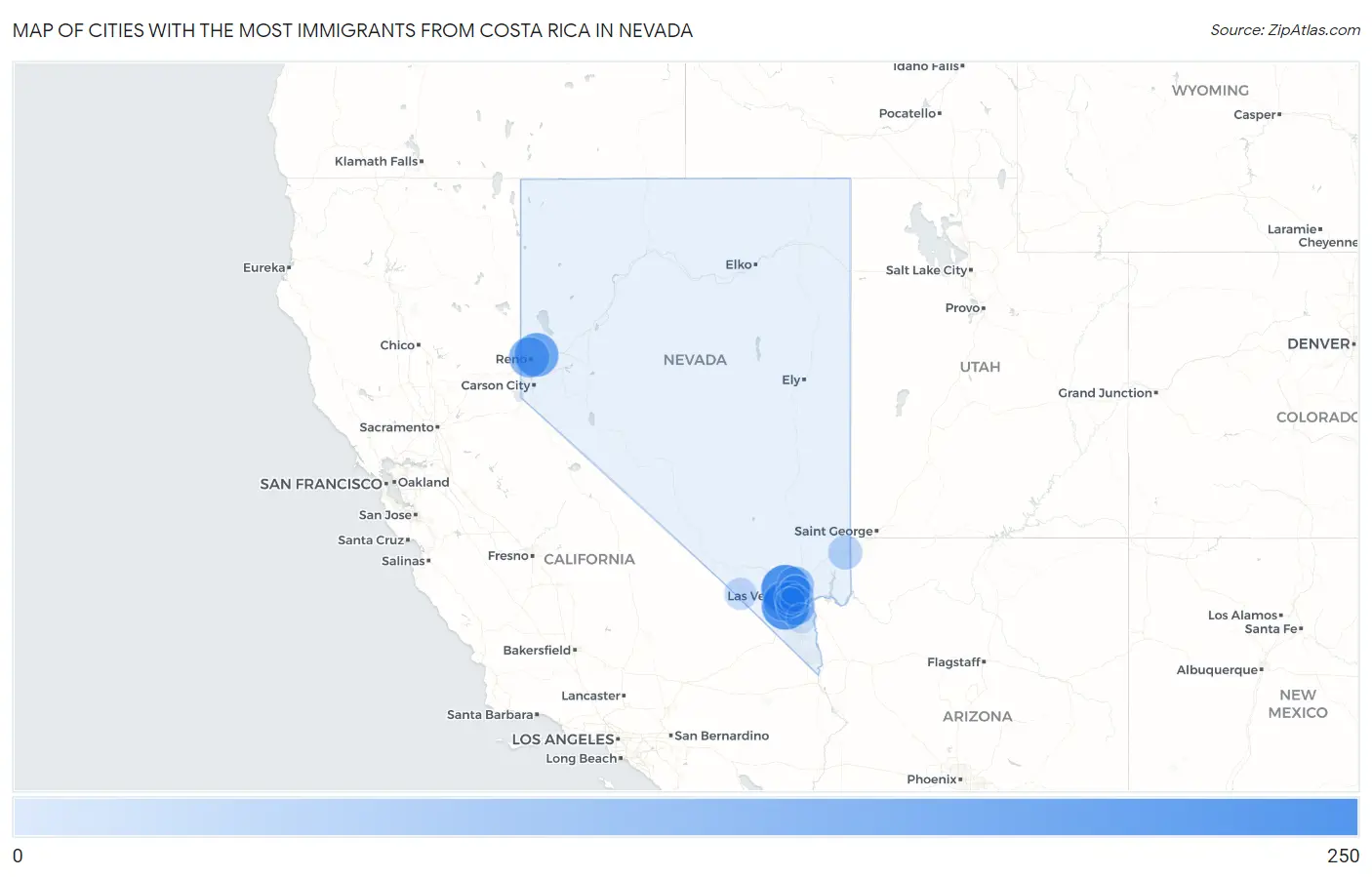 Cities with the Most Immigrants from Costa Rica in Nevada Map