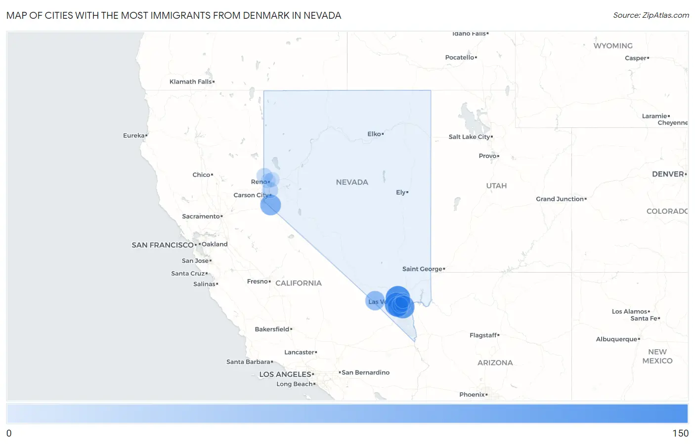 Cities with the Most Immigrants from Denmark in Nevada Map