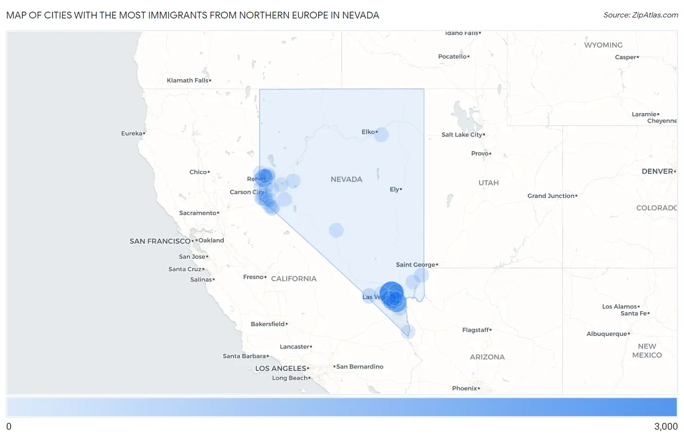 Cities with the Most Immigrants from Northern Europe in Nevada Map