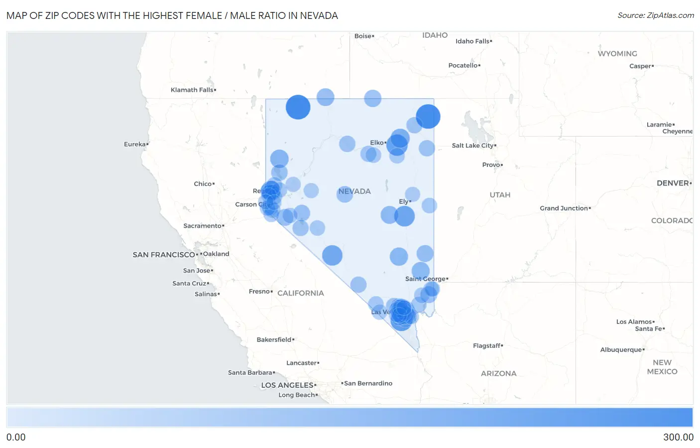 Zip Codes with the Highest Female / Male Ratio in Nevada Map