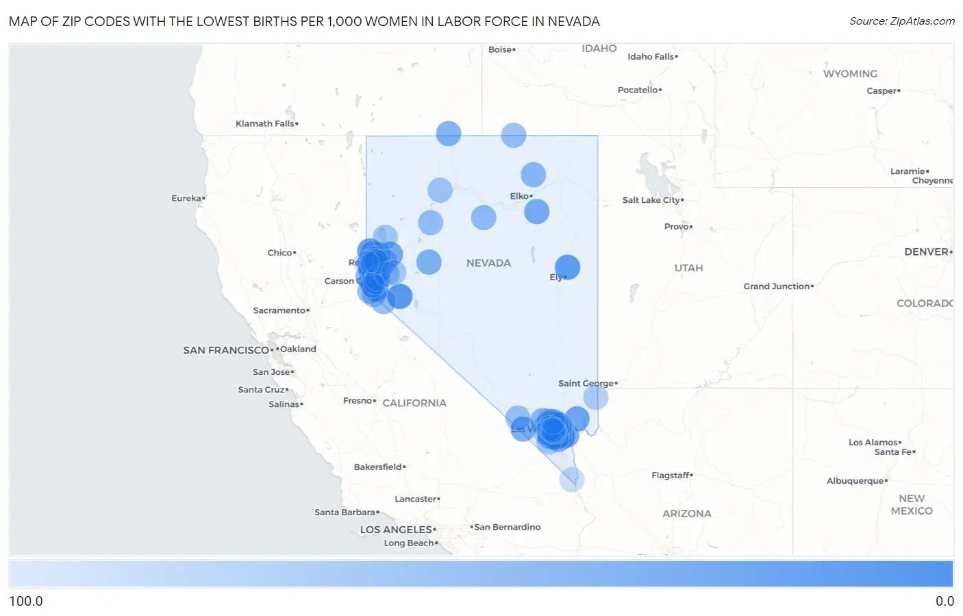 Zip Codes with the Lowest Births per 1,000 Women in Labor Force in Nevada Map