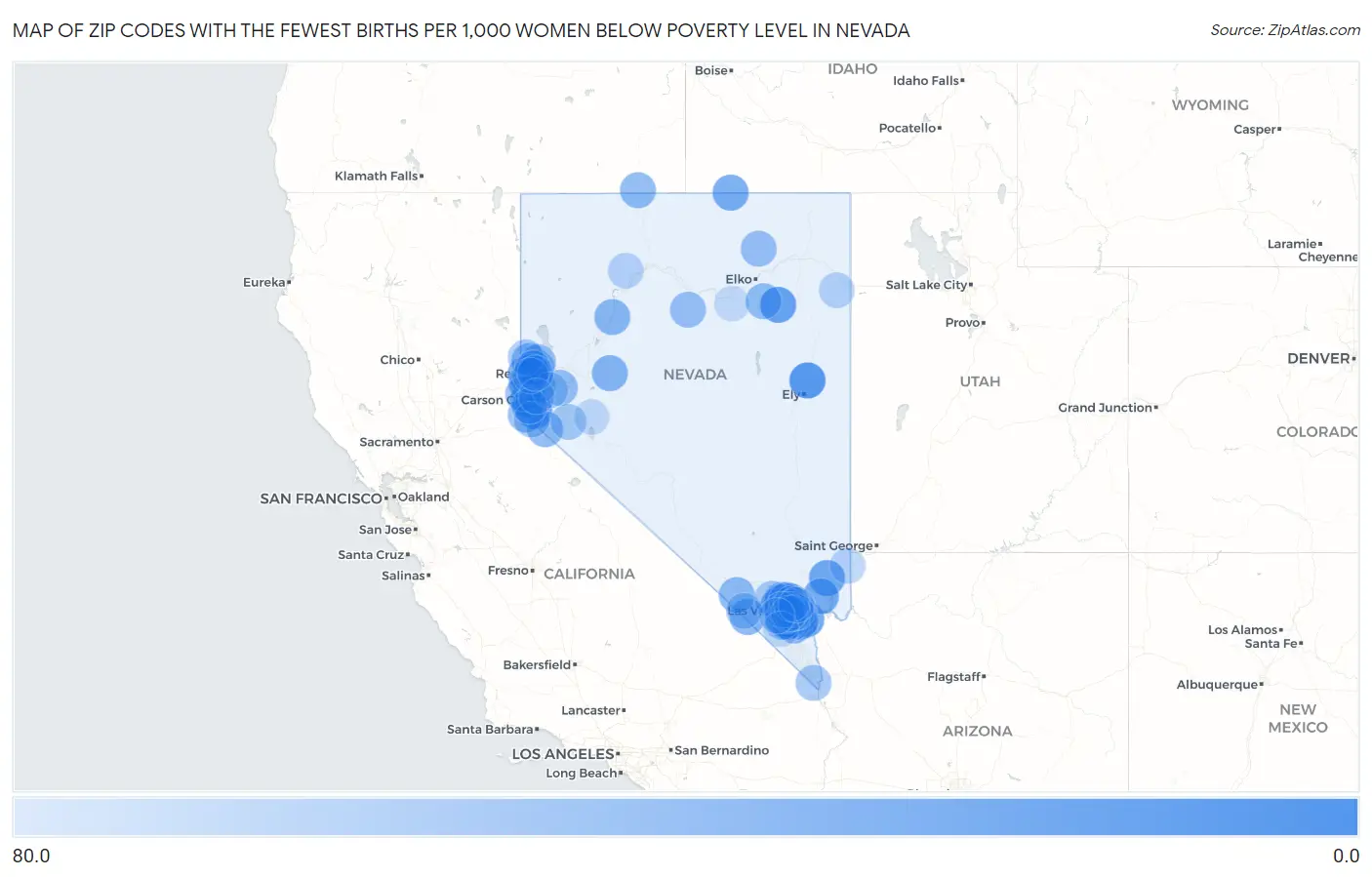 Zip Codes with the Fewest Births per 1,000 Women Below Poverty Level in Nevada Map