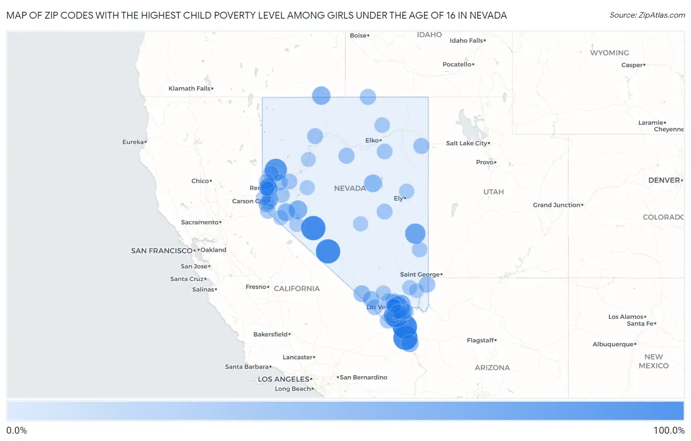 Zip Codes with the Highest Child Poverty Level Among Girls Under the Age of 16 in Nevada Map