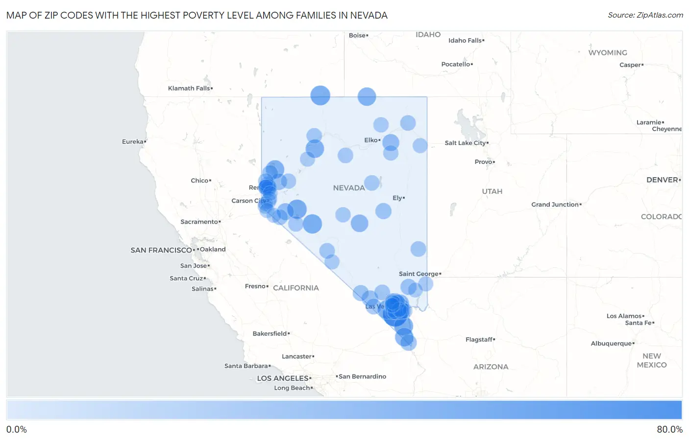 Zip Codes with the Highest Poverty Level Among Families in Nevada Map