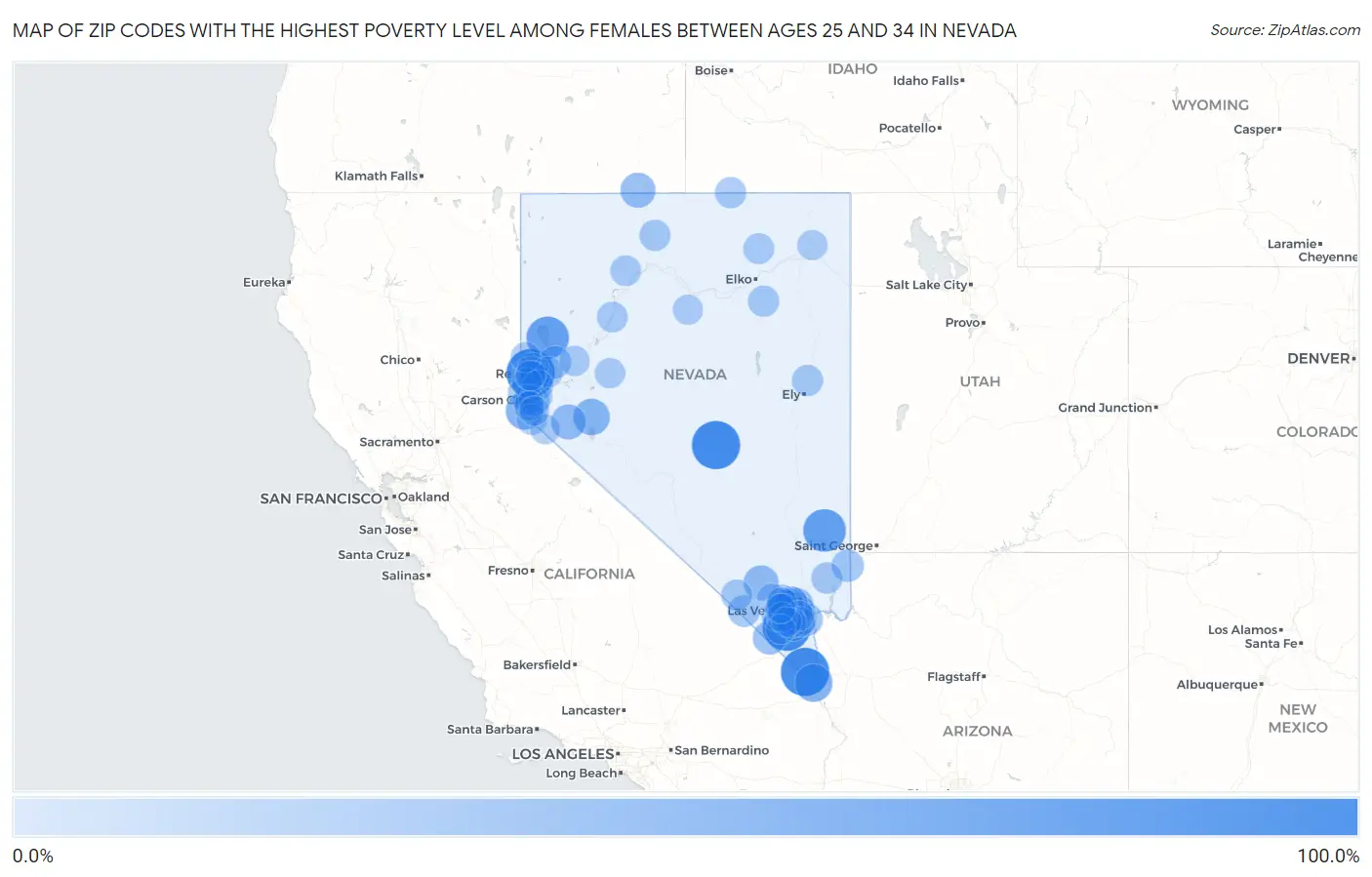 Zip Codes with the Highest Poverty Level Among Females Between Ages 25 and 34 in Nevada Map