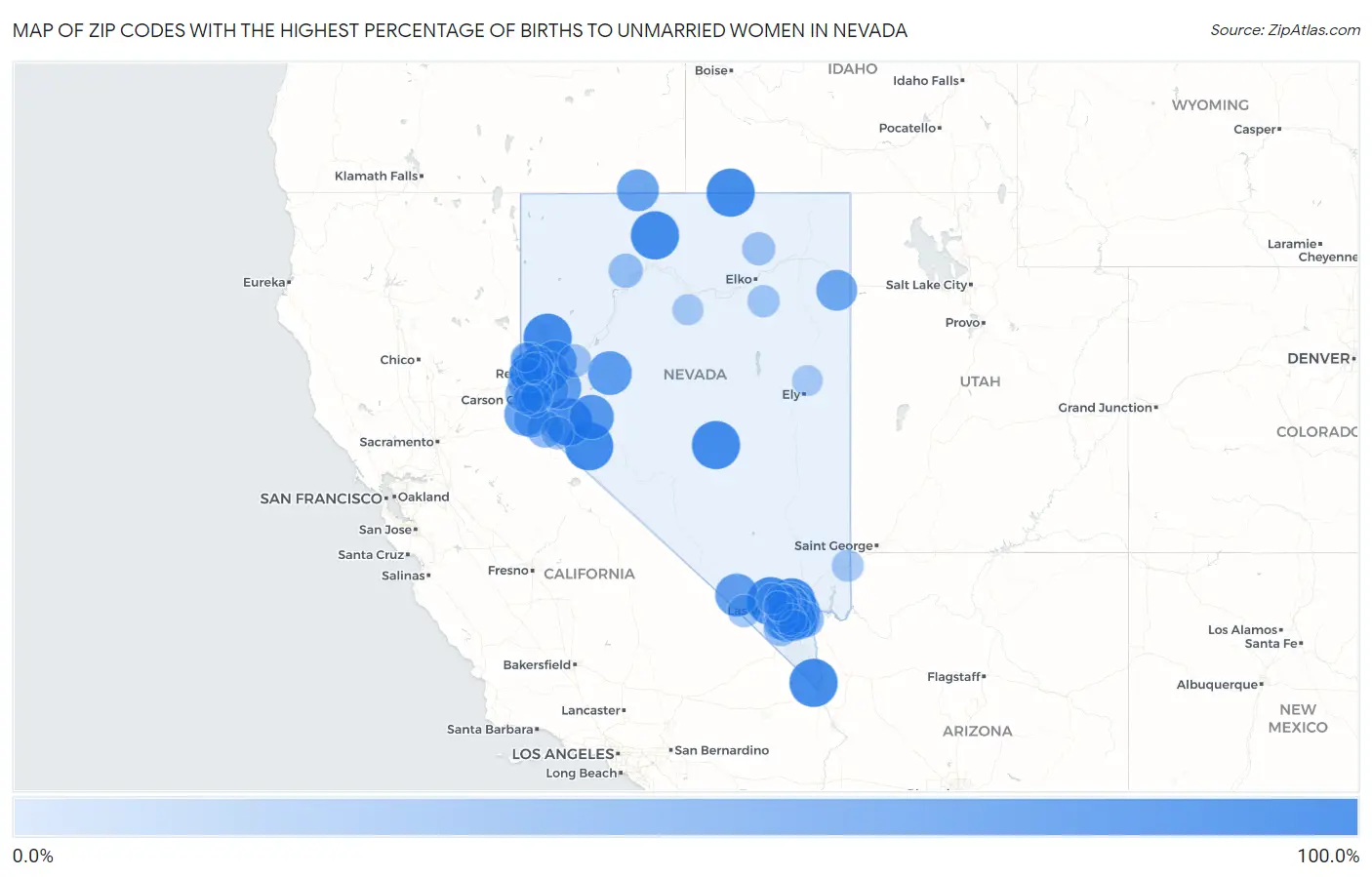 Zip Codes with the Highest Percentage of Births to Unmarried Women in Nevada Map