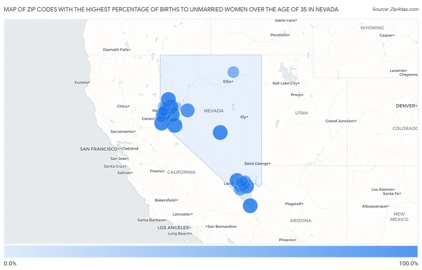 Zip Codes with the Highest Percentage of Births to Unmarried Women over the Age of 35 in Nevada Map