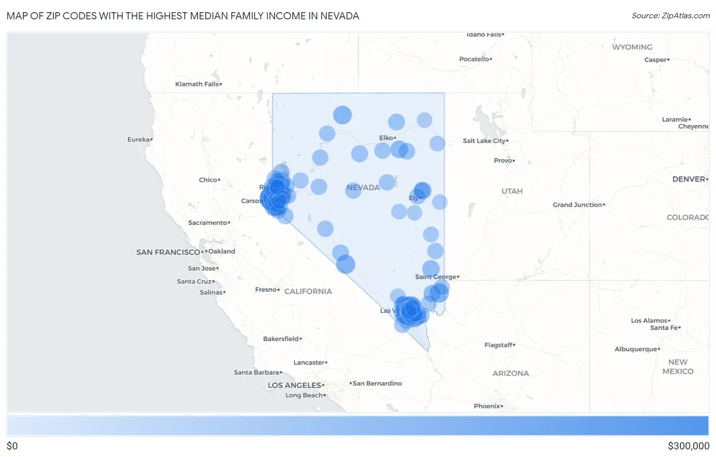 Zip Codes with the Highest Median Family Income in Nevada Map