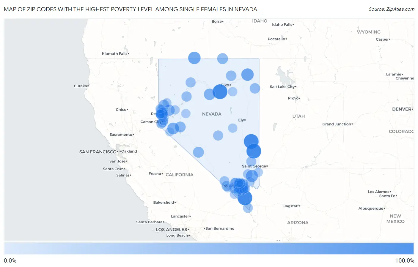 Zip Codes with the Highest Poverty Level Among Single Females in Nevada Map