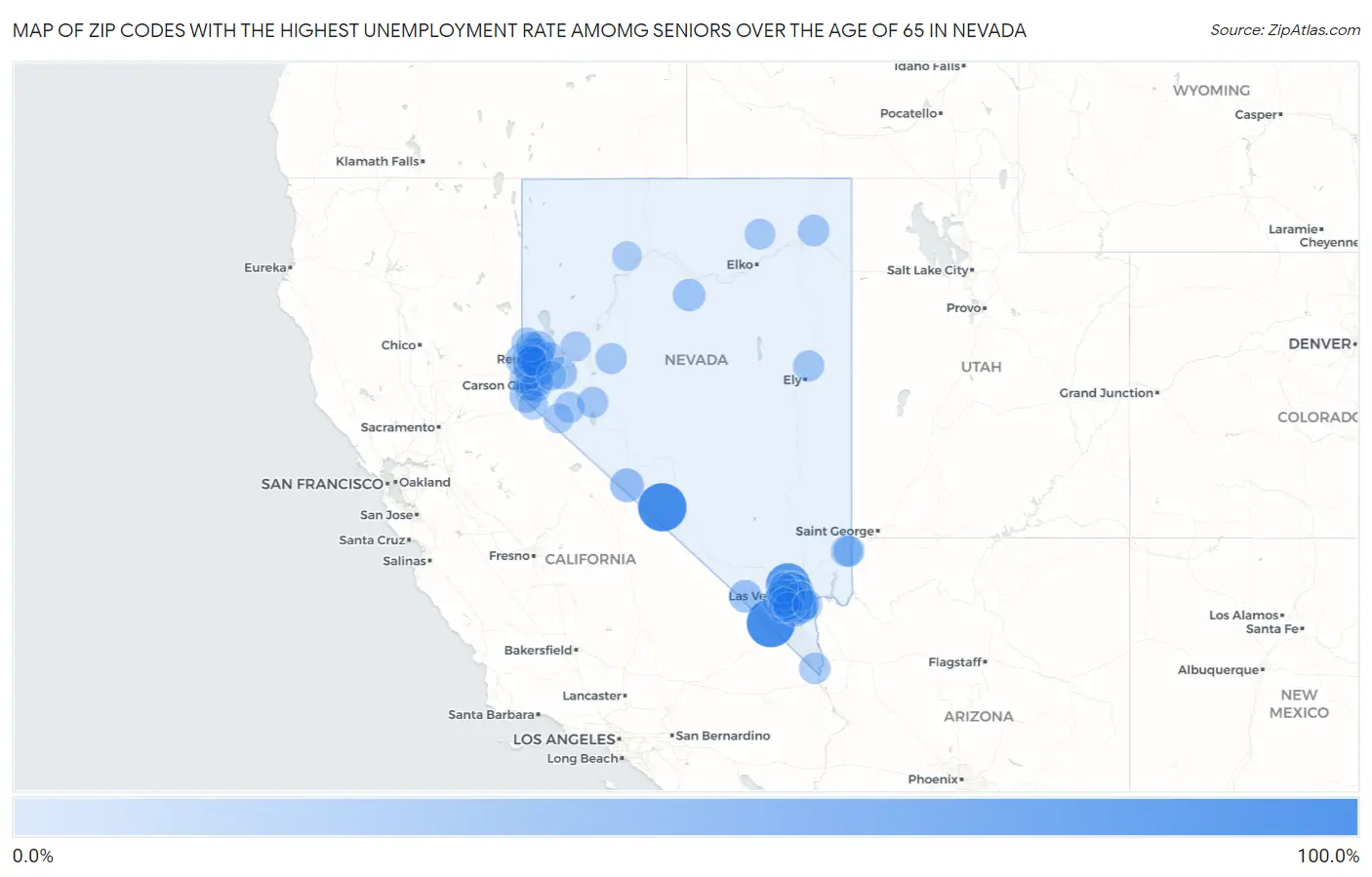 Zip Codes with the Highest Unemployment Rate Amomg Seniors Over the Age of 65 in Nevada Map
