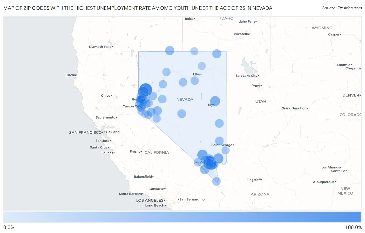 Zip Codes with the Highest Unemployment Rate Amomg Youth Under the Age of 25 in Nevada Map