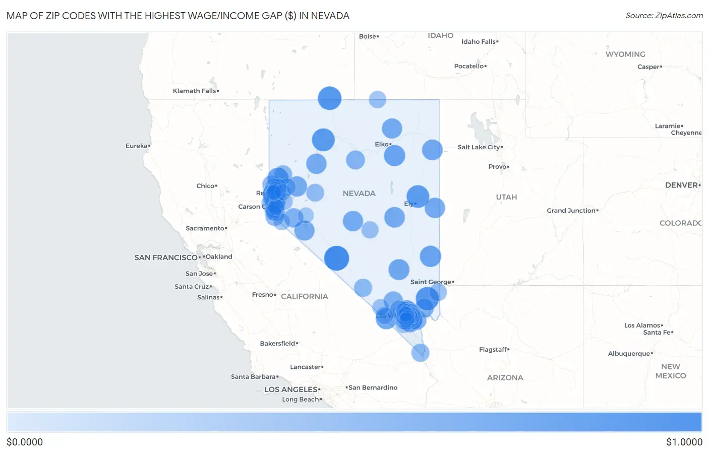 Zip Codes with the Highest Wage/Income Gap ($) in Nevada Map
