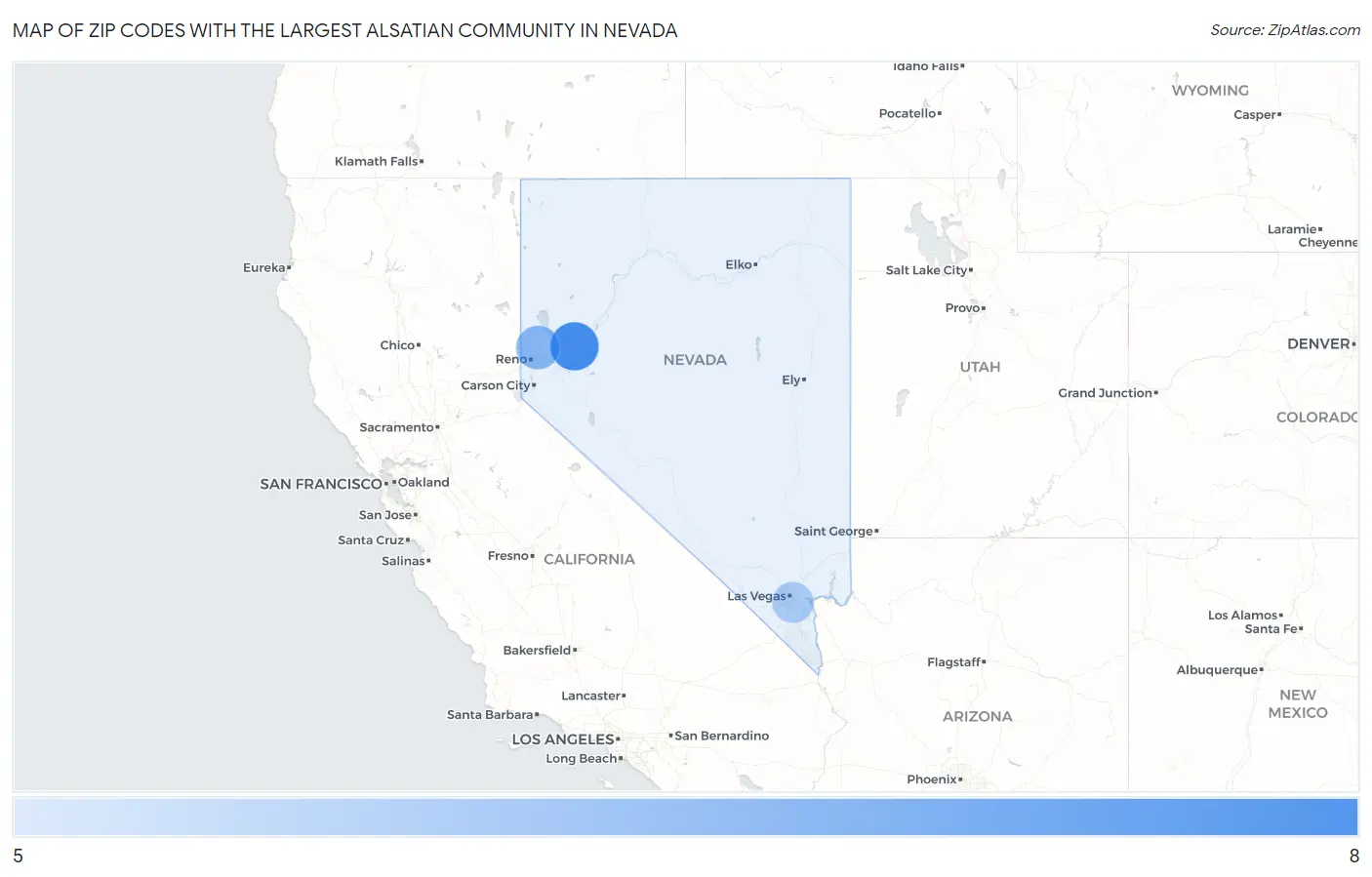 Zip Codes with the Largest Alsatian Community in Nevada Map