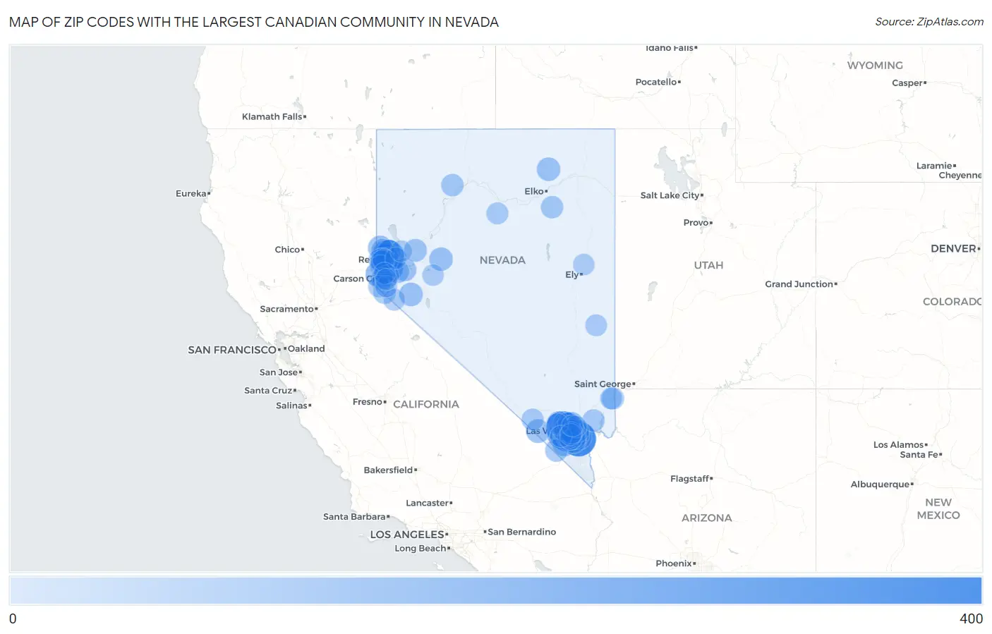 Zip Codes with the Largest Canadian Community in Nevada Map