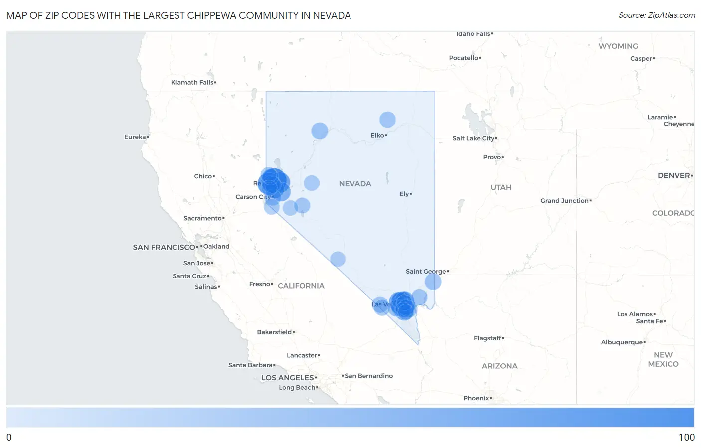 Zip Codes with the Largest Chippewa Community in Nevada Map