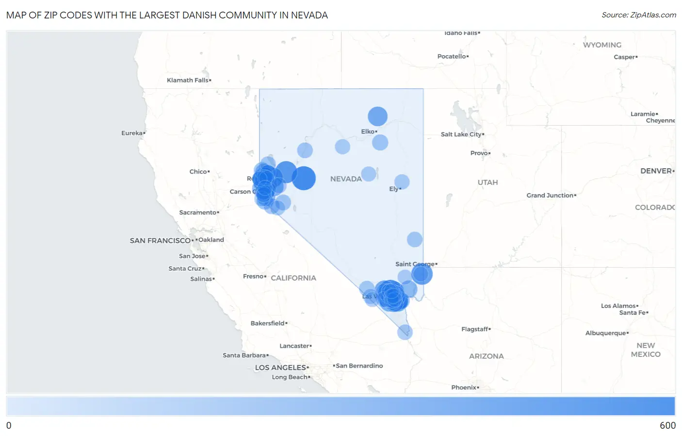 Zip Codes with the Largest Danish Community in Nevada Map