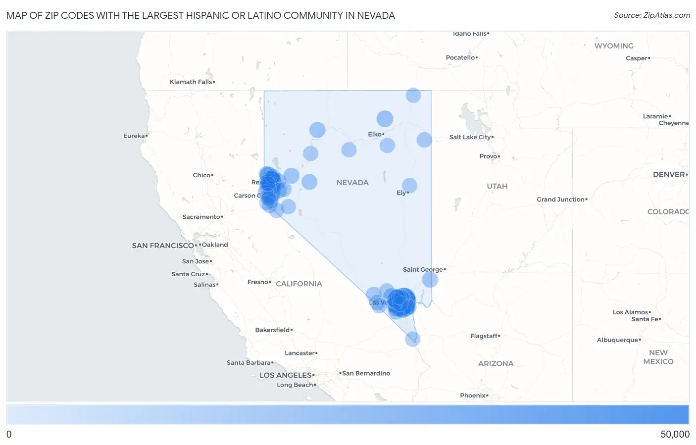 Zip Codes with the Largest Hispanic or Latino Community in Nevada Map