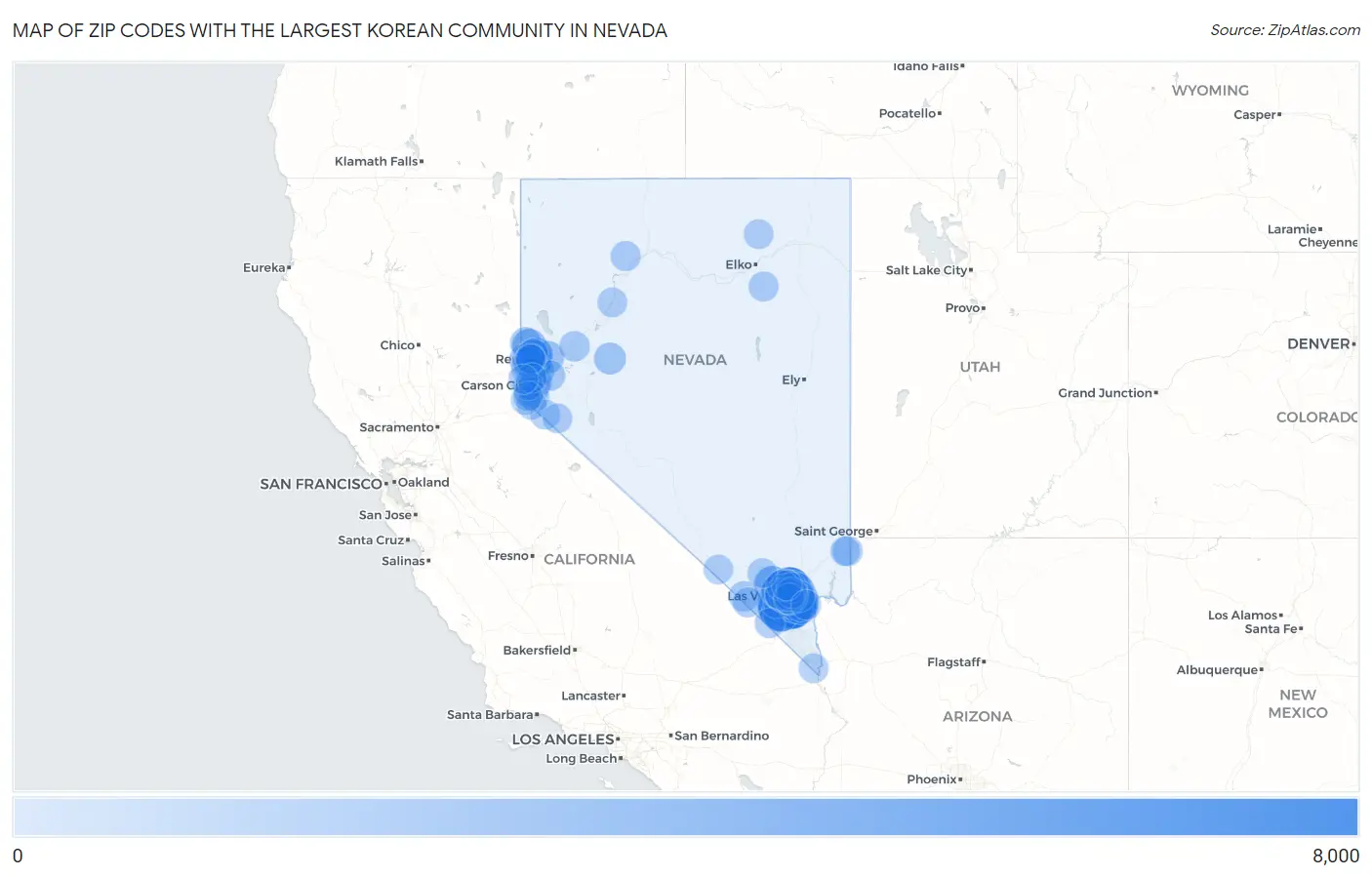 Zip Codes with the Largest Korean Community in Nevada Map