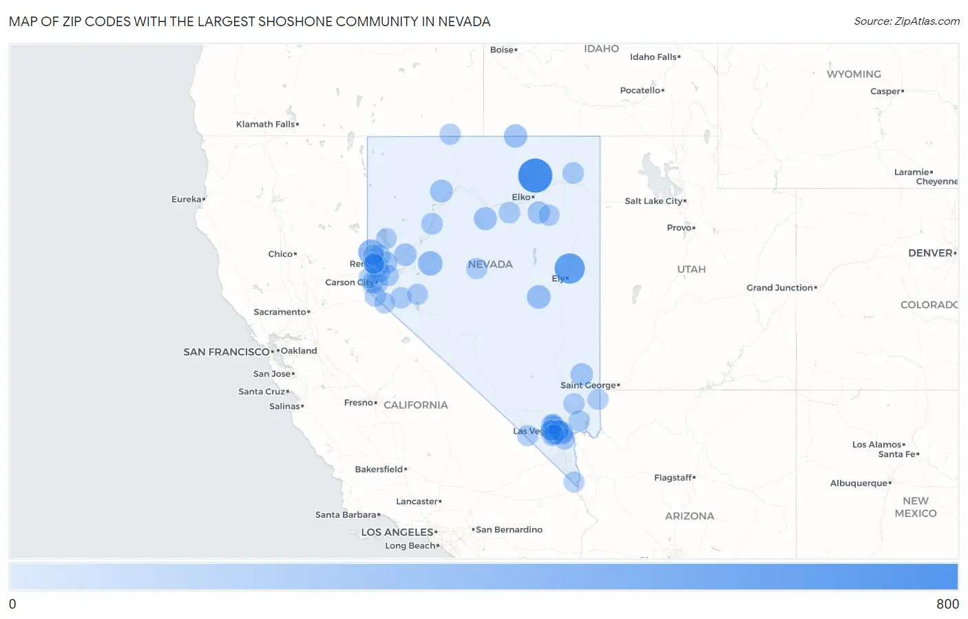 Zip Codes with the Largest Shoshone Community in Nevada Map