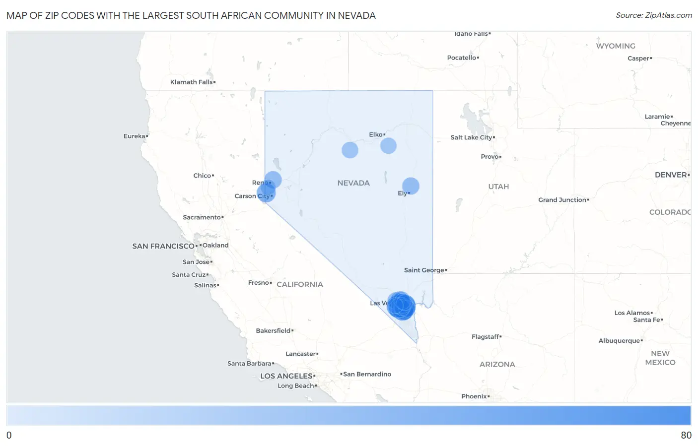 Zip Codes with the Largest South African Community in Nevada Map
