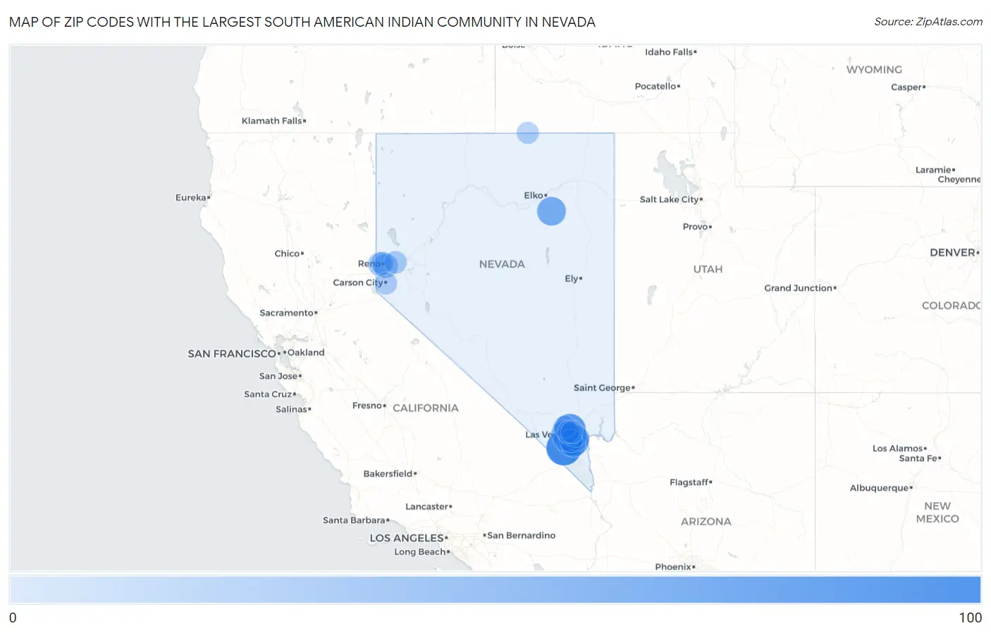 Zip Codes with the Largest South American Indian Community in Nevada Map
