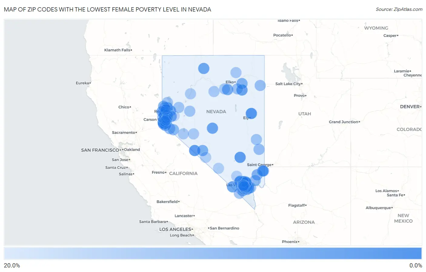Zip Codes with the Lowest Female Poverty Level in Nevada Map