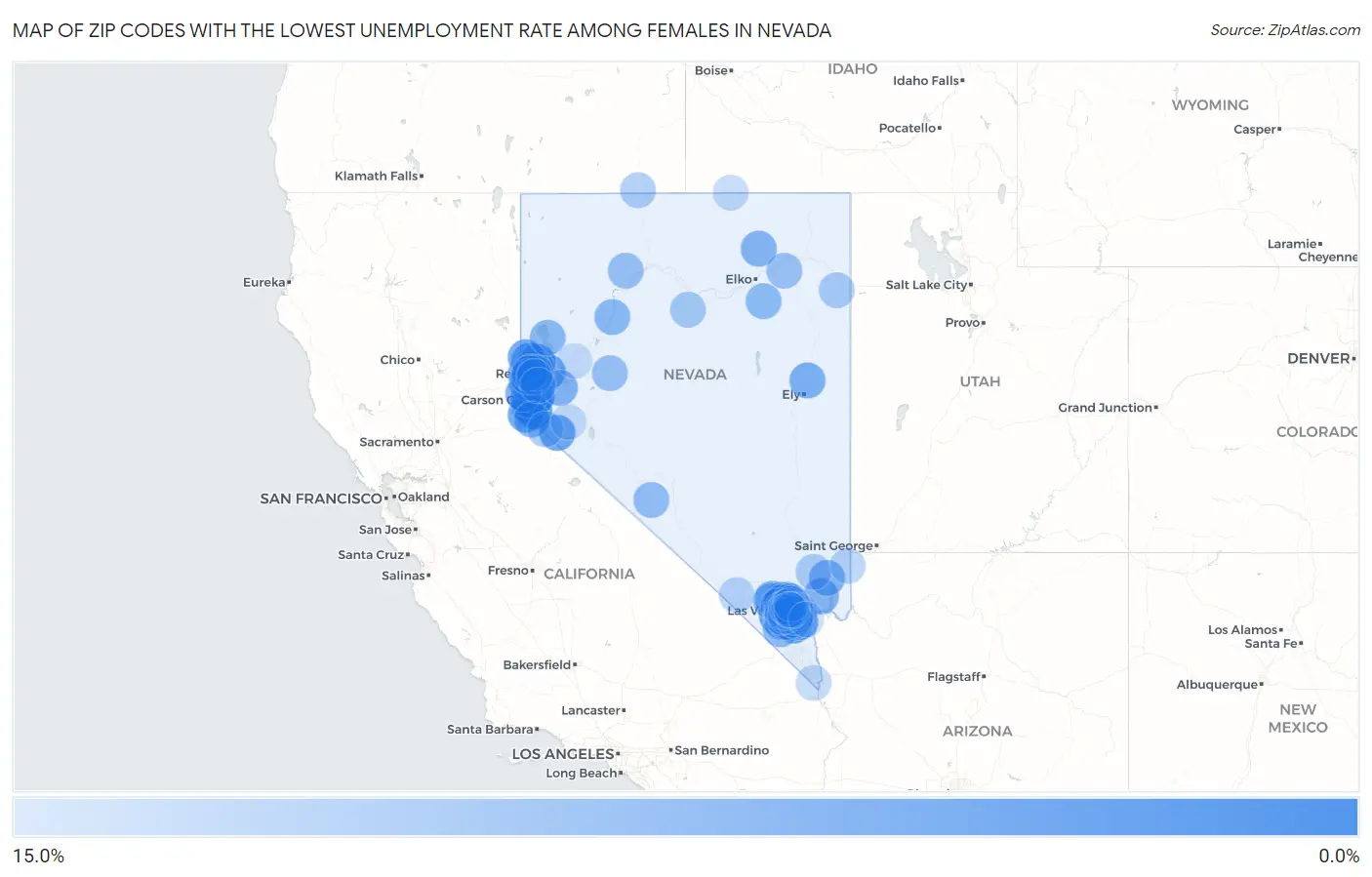 Zip Codes with the Lowest Unemployment Rate Among Females in Nevada Map