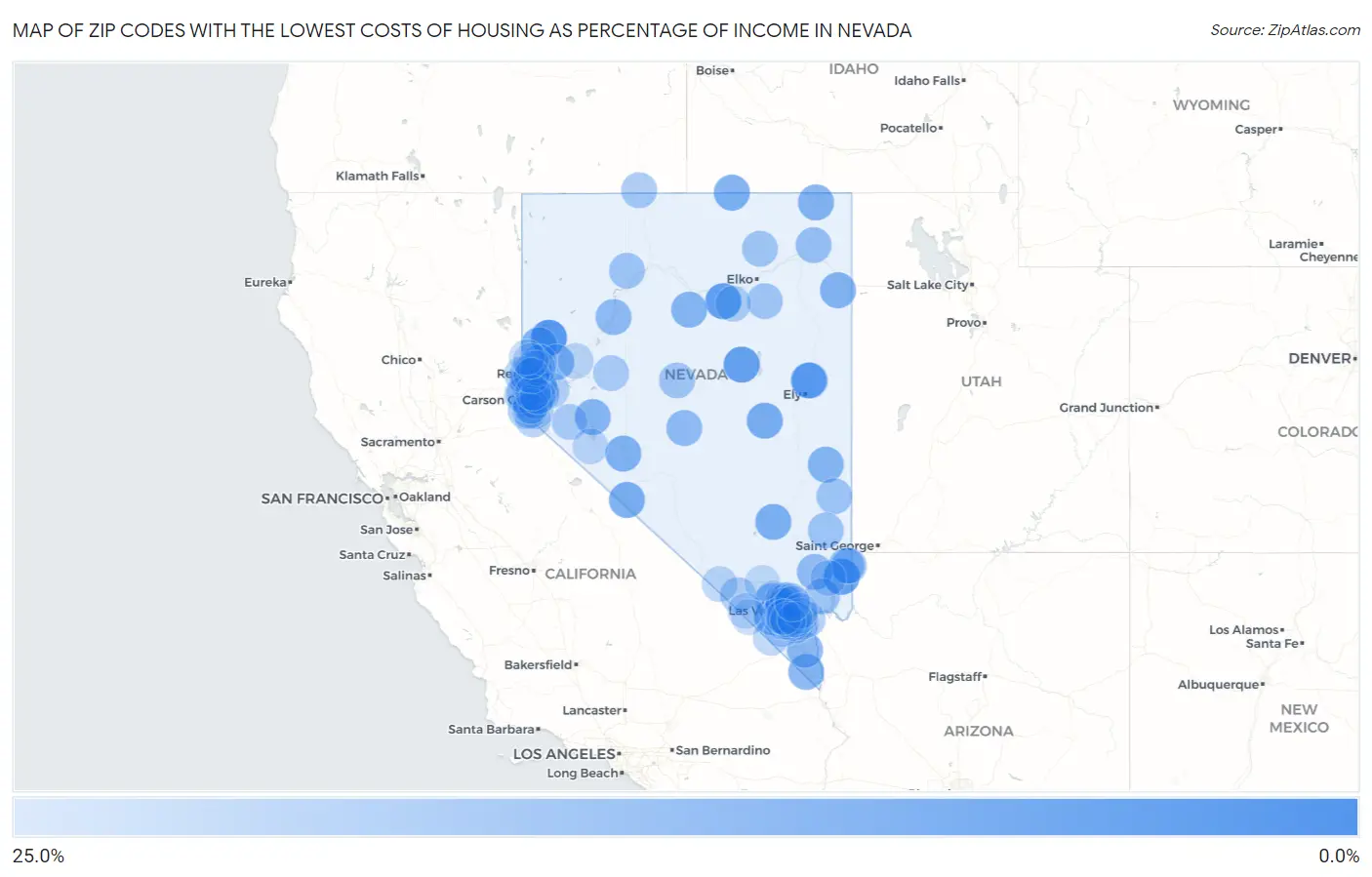 Zip Codes with the Lowest Costs of Housing as Percentage of Income in Nevada Map