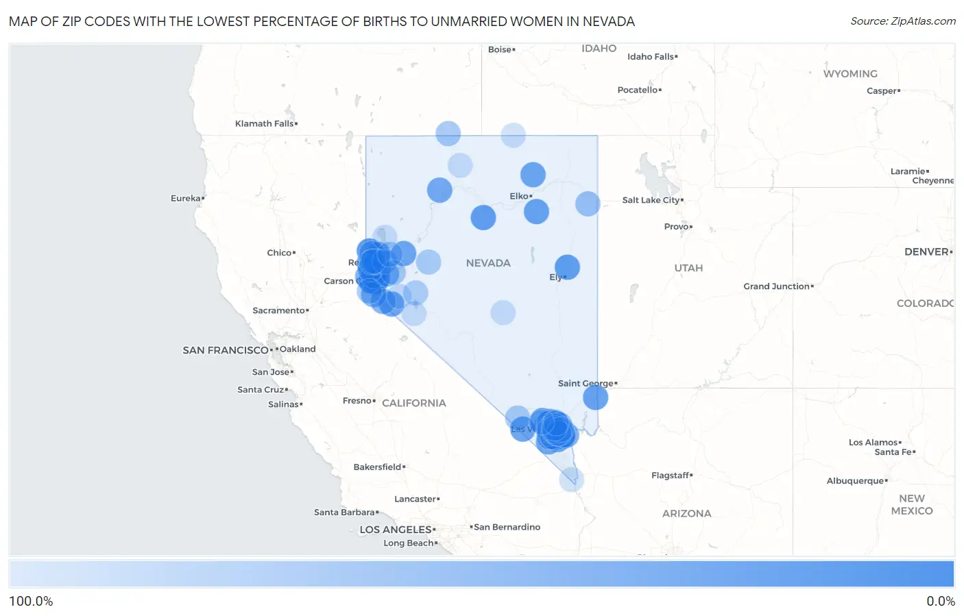 Zip Codes with the Lowest Percentage of Births to Unmarried Women in Nevada Map