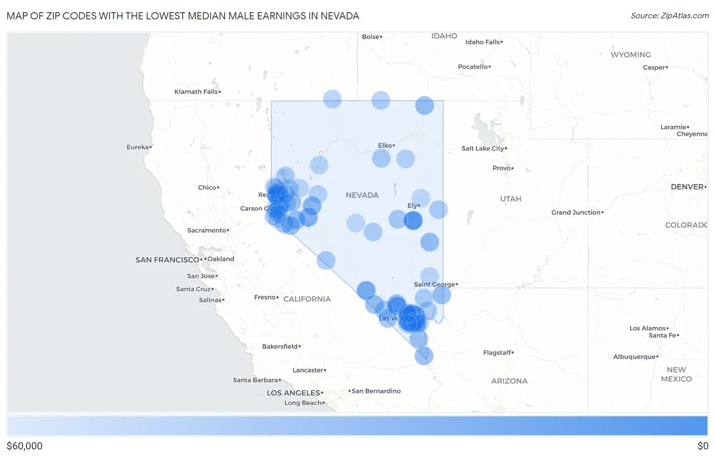 Zip Codes with the Lowest Median Male Earnings in Nevada Map