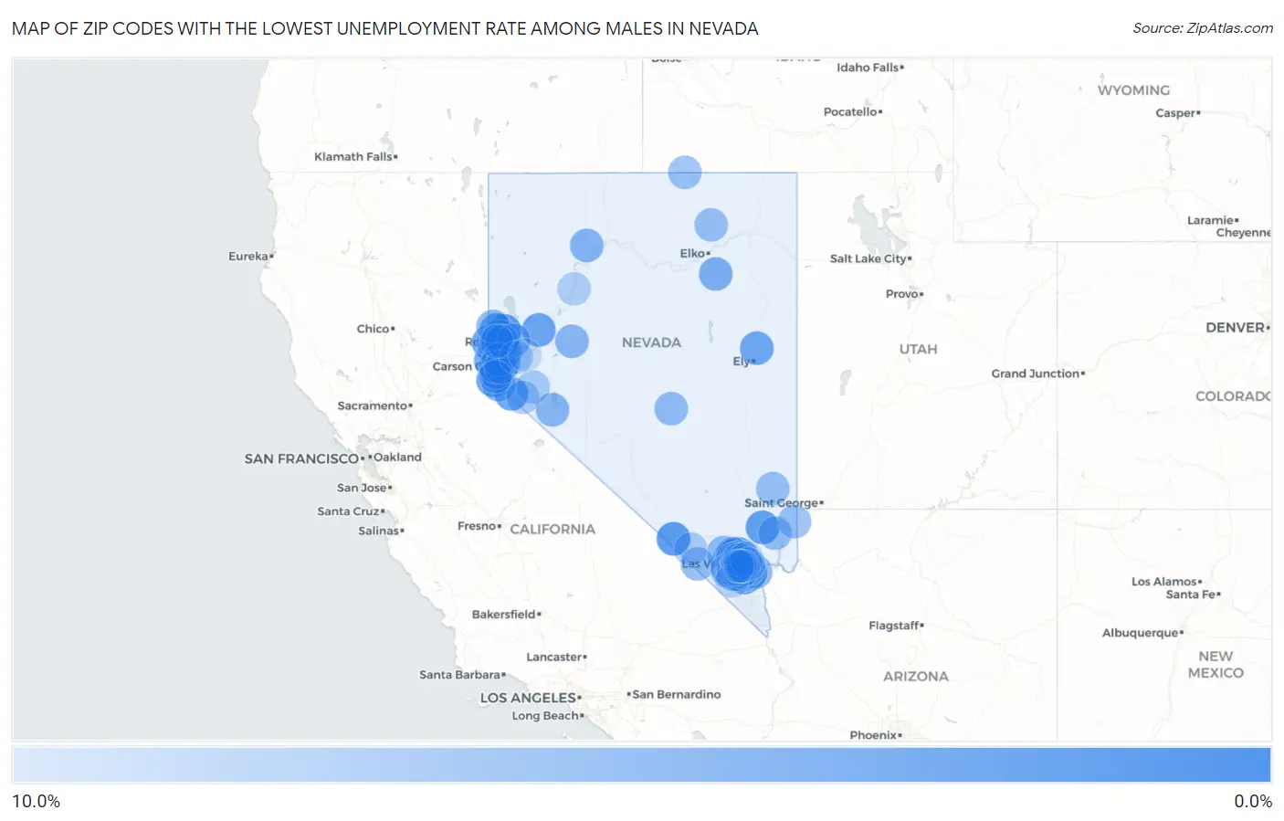 Zip Codes with the Lowest Unemployment Rate Among Males in Nevada Map