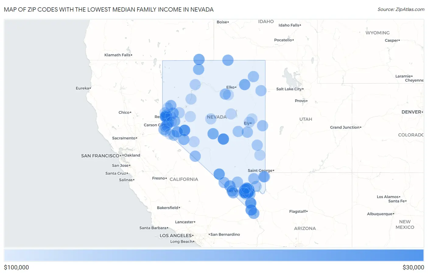Zip Codes with the Lowest Median Family Income in Nevada Map