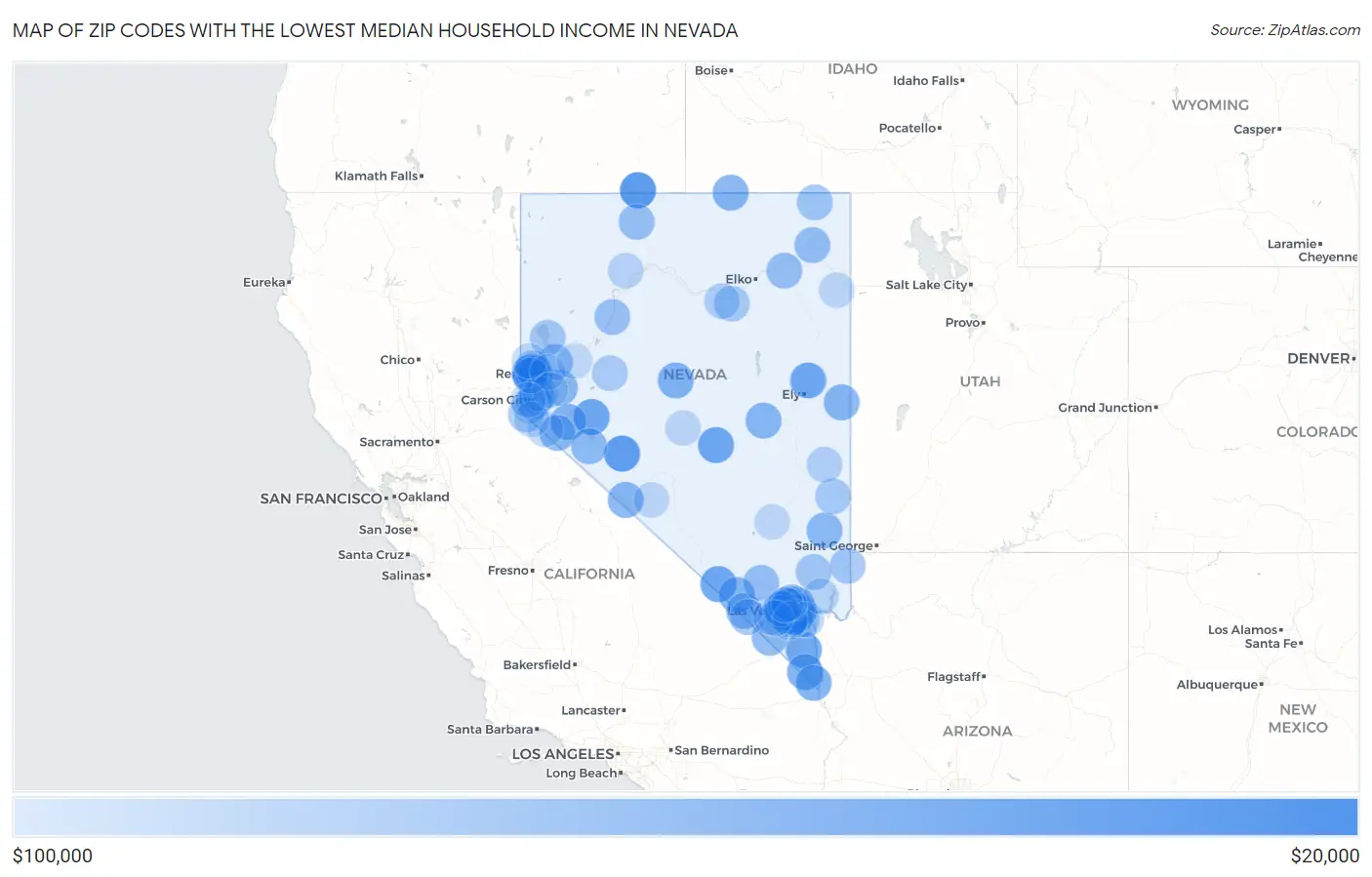 Zip Codes with the Lowest Median Household Income in Nevada Map