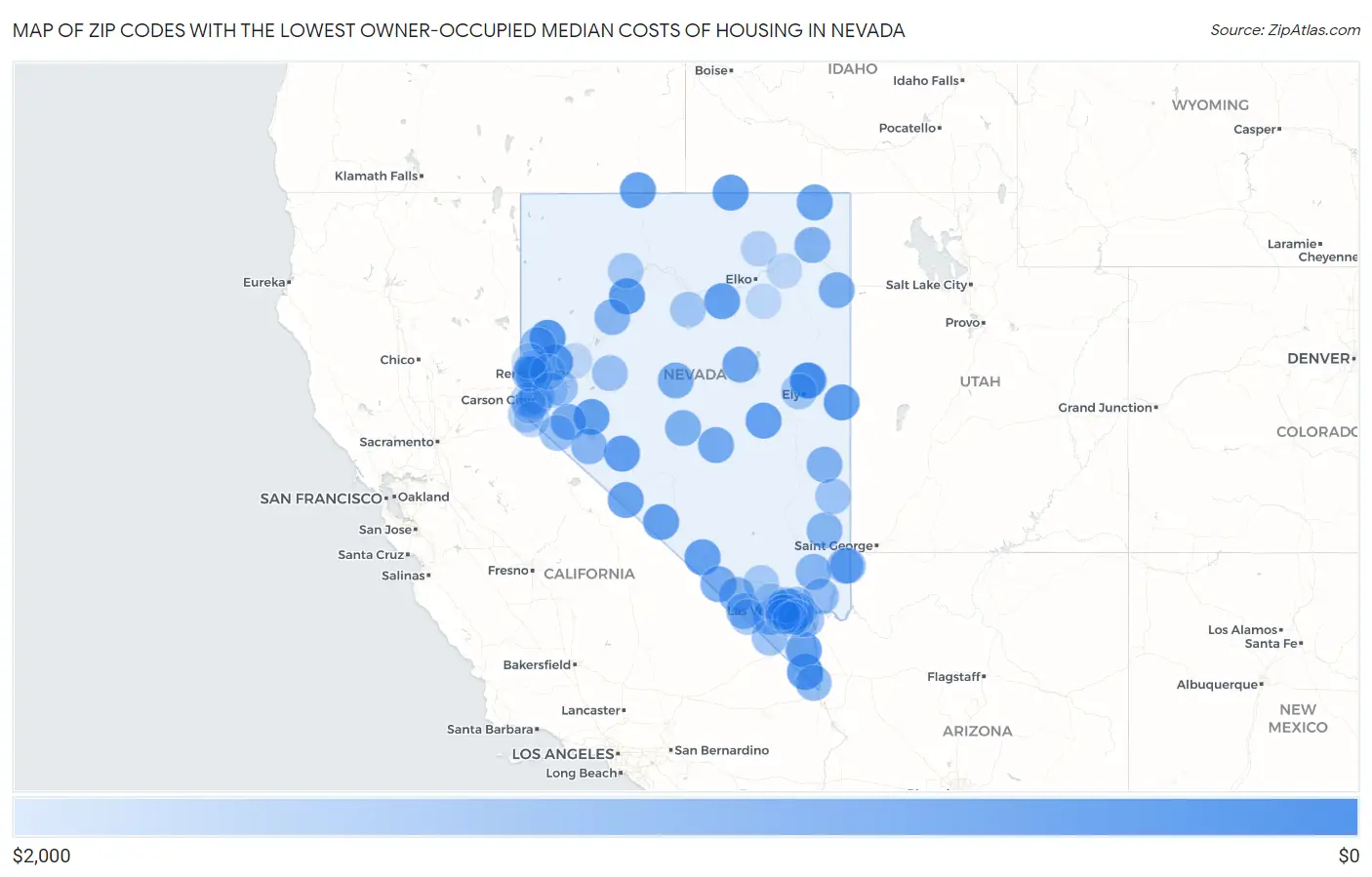 Zip Codes with the Lowest Owner-Occupied Median Costs of Housing in Nevada Map